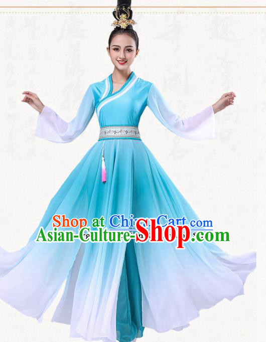 Chinese Traditional Group Dance Blue Dress Classical Dance Umbrella Dance Costumes for Women
