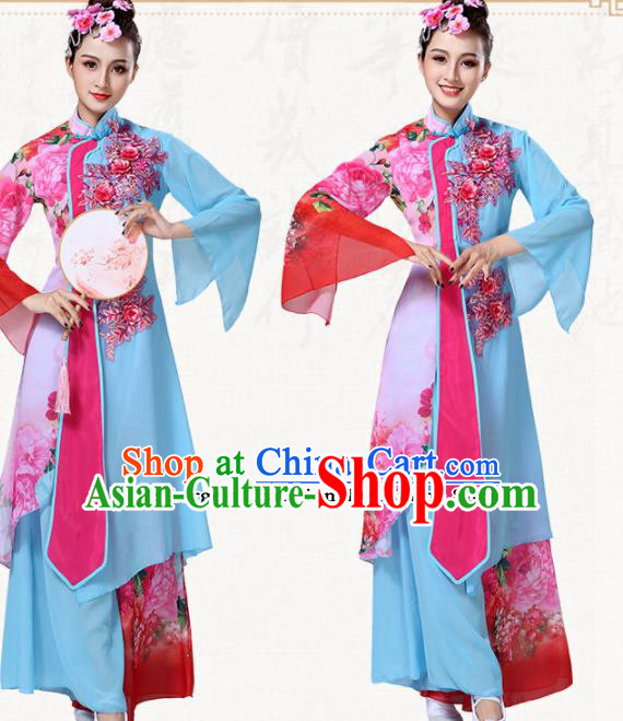 Chinese Traditional Classical Dance Group Dance Blue Dress Umbrella Dance Costumes for Women