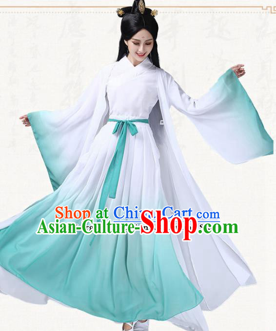 Chinese Traditional Classical Dance Blue Dress Ancient Peri Umbrella Dance Group Dance Costumes for Women