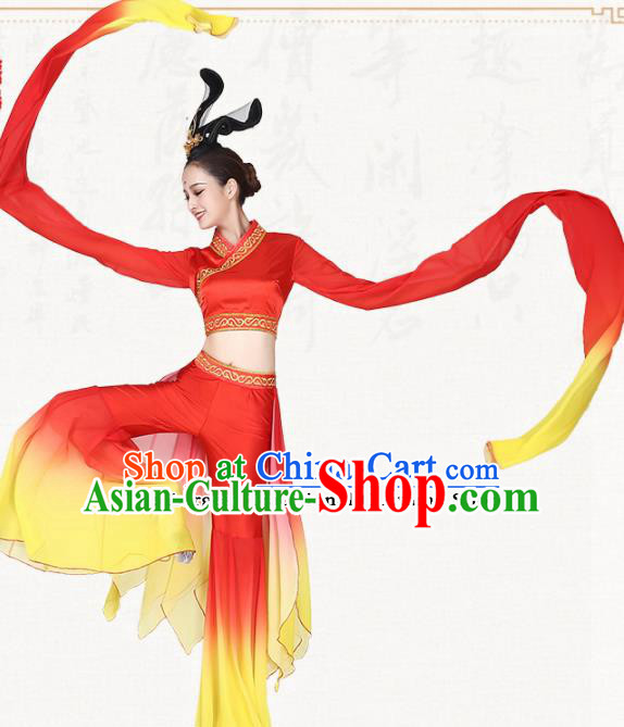 Chinese Traditional Classical Dance Red Water Sleeve Dress Umbrella Dance Group Dance Costumes for Women