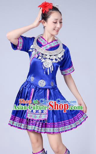Chinese Ethnic Minority Royalblue Short Dress Traditional Yi Nationality Folk Dance Costumes for Women