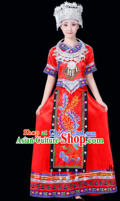 Chinese Ethnic Minority Red Dress Traditional Miao Nationality Folk Dance Costumes for Women