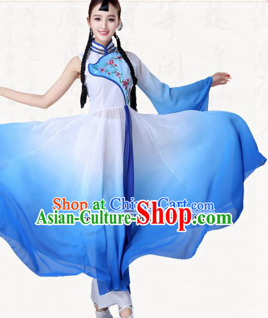 Chinese Traditional Classical Dance Blue Dress Umbrella Dance Group Dance Costumes for Women