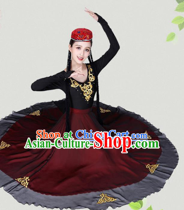 Chinese Traditional Uyghur Nationality Red Dress Uigurian Ethnic Folk Dance Costumes for Women