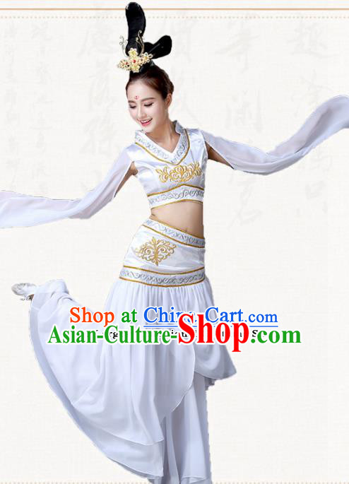 Chinese Traditional Classical Dance White Dress Ancient Peri Goddess Group Dance Costumes for Women