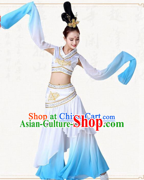 Chinese Traditional Classical Dance Blue Dress Ancient Peri Goddess Group Dance Costumes for Women