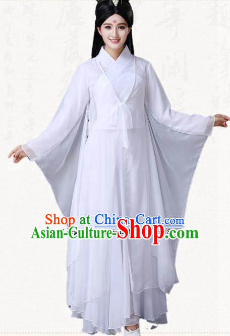 Traditional Chinese Classical Dance White Dress Ancient Goddess Group Dance Costumes for Women