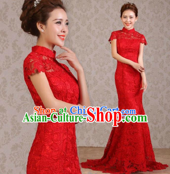 Traditional Chinese Classical Wedding Qipao Dress Bride Red Lace Cheongsam for Women