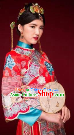 Traditional Chinese Xiuhe Suit Red Wedding Dress Ancient Bride Embroidered Costumes for Women