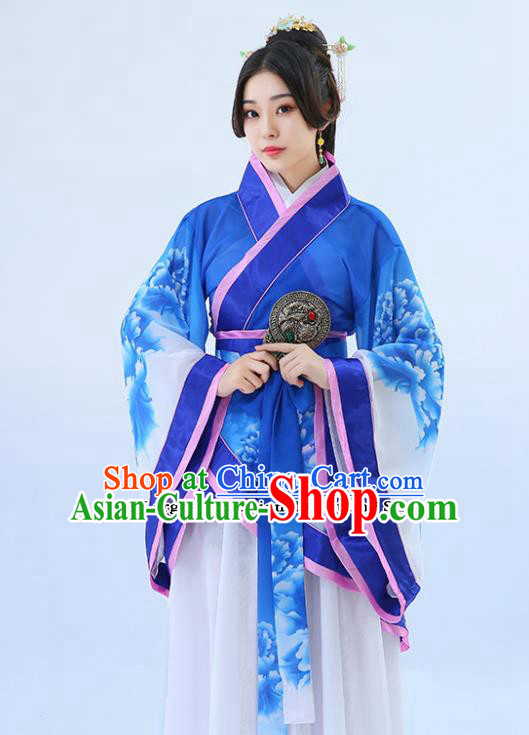 Traditional Chinese Han Dynasty Palace Musician Blue Hanfu Dress Ancient Drama Princess Costumes for Women