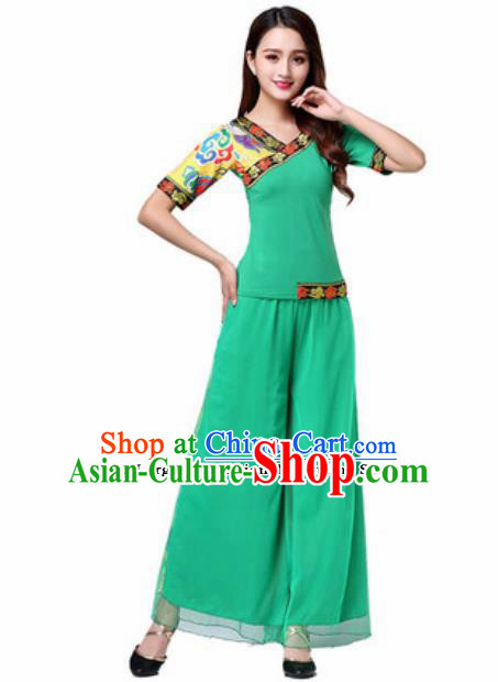 Traditional Chinese Folk Dance Yangko Green Costumes Group Dance Fan Dance Clothing for Women