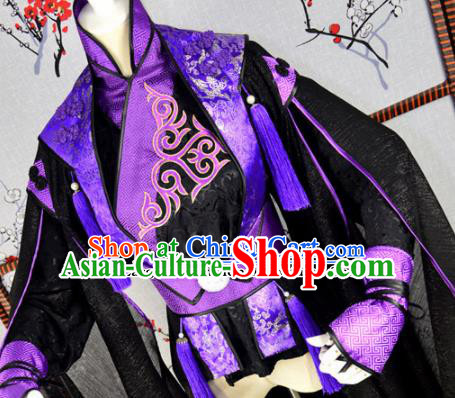 Traditional Chinese Cosplay Childe Embroidered Purple Costumes Ancient Swordsman Hanfu Clothing for Men