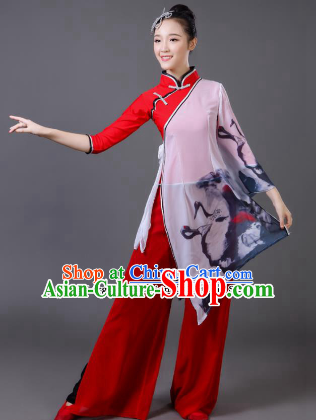 Traditional Chinese Classical Dance Red Costumes Umbrella Dance Yangko Clothing for Women