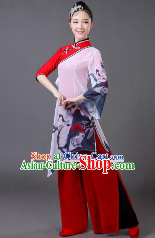 Traditional Chinese Classical Dance Red Costumes Umbrella Dance Yangko Clothing for Women