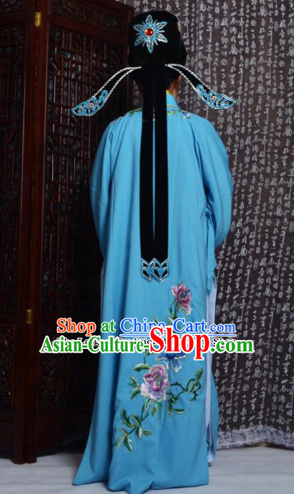 Professional Chinese Peking Opera Niche Costumes Embroidered Peony Blue Robe for Adults