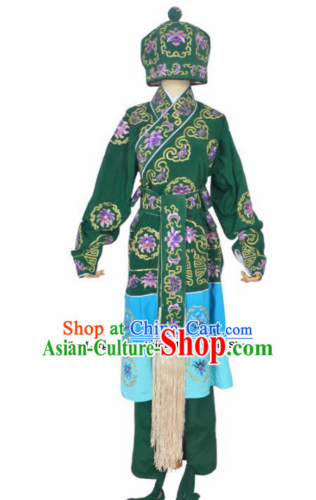 Professional Chinese Peking Opera Takefu Costumes Ancient Swordsman Embroidered Green Clothing and Hat for Adults