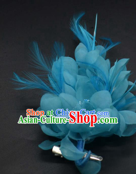 Traditional Chinese Peking Opera Diva Hair Accessories Ancient Princess Blue Feather Hair Stick Headwear for Women