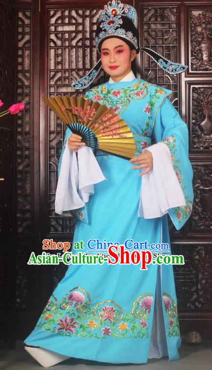 Top Grade Chinese Beijing Opera Niche Blue Costumes Peking Opera Scholar Embroidered Clothing for Adults