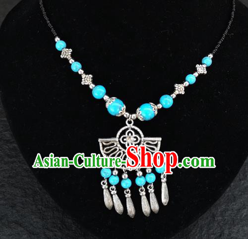 Chinese Traditional Jewelry Accessories Yunnan National Blue Beads Tassel Necklace for Women