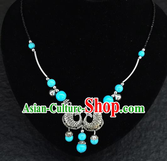 Chinese Traditional Jewelry Accessories Yunnan National Double Fish Blue Beads Minority Necklace for Women