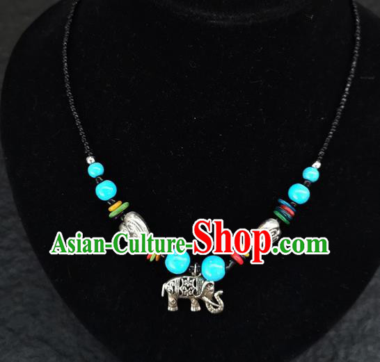 Chinese Traditional Jewelry Accessories Yunnan National Blue Beads Elephant Minority Necklace for Women