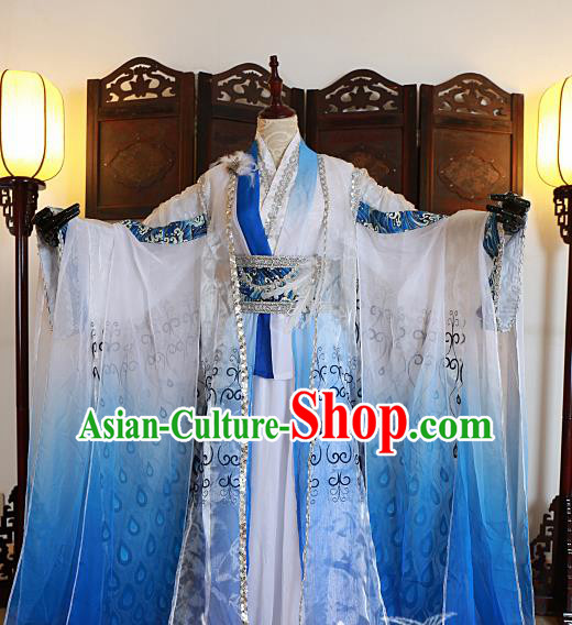 Chinese Traditional Ancient Swordsman Blue Costumes for Men