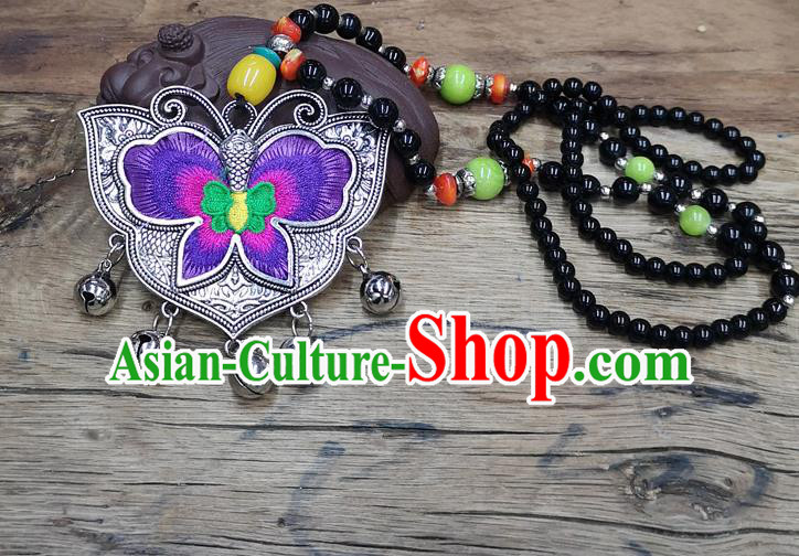 Chinese Traditional Jewelry Accessories Yunnan Miao Minority Embroidered Purple Butterfly Necklace for Women