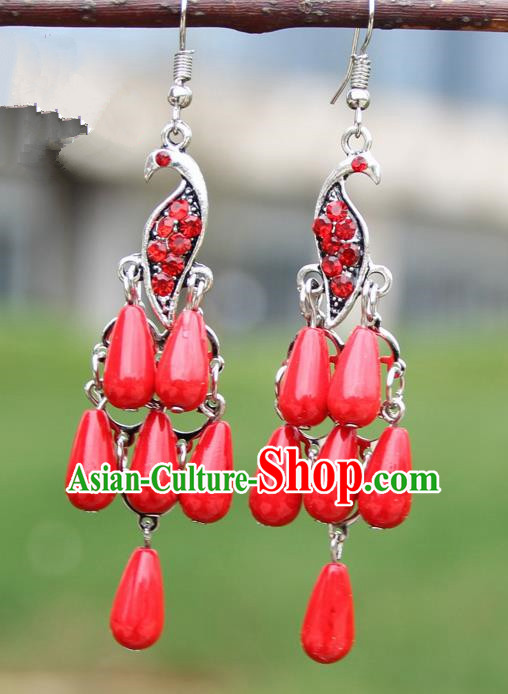 Chinese Traditional Red Peacock Tassel Earrings Yunnan National Minority Ear Accessories for Women