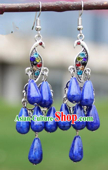 Chinese Traditional Royalblue Peacock Tassel Earrings Yunnan National Minority Ear Accessories for Women