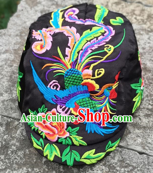 Chinese Traditional Embroidered Phoenix Peony Yunnan Dai Minority Black Cap for Women