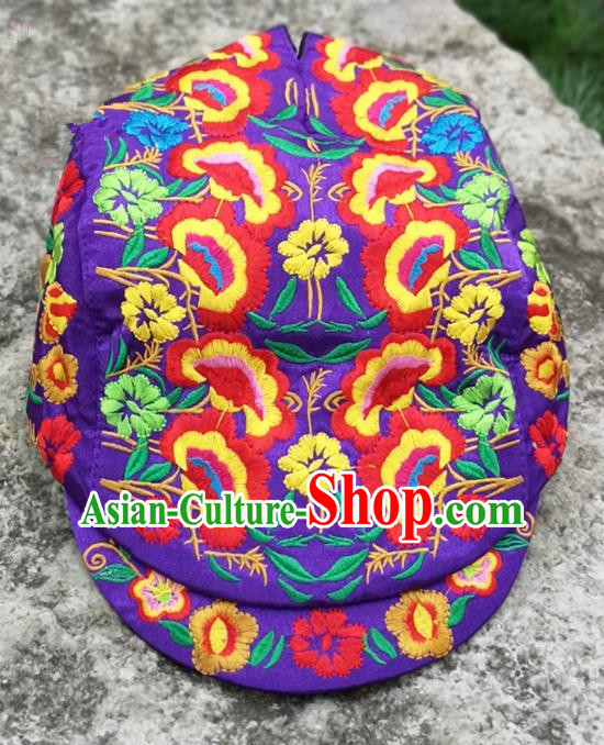 Chinese Traditional Embroidered Yunnan Dai Minority Purple Cap for Women