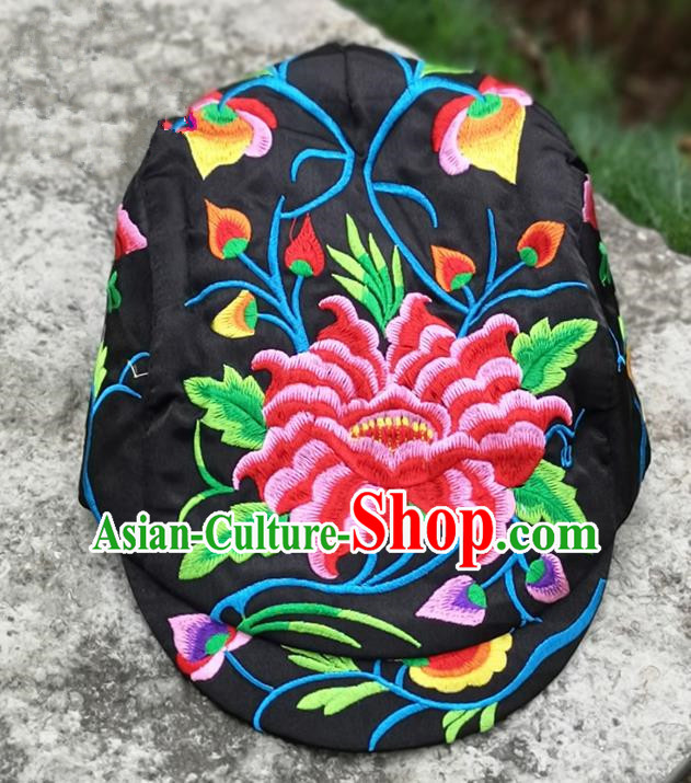 Chinese Traditional Embroidered Peony Yunnan Dai Minority Black Cap for Women