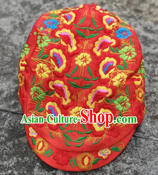 Chinese Traditional Embroidered Yunnan Dai Minority Red Cap for Women