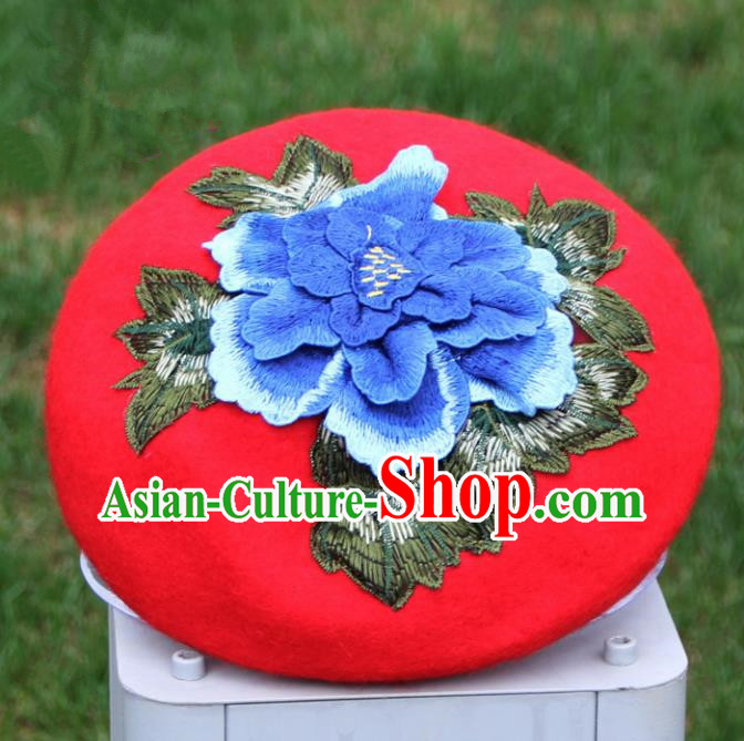Chinese Traditional Embroidered Peony Yunnan Dai Minority Red Top Hat for Women