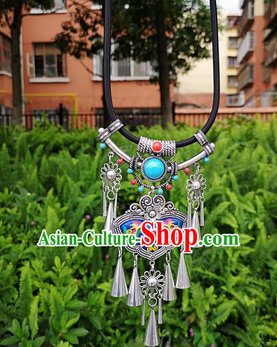 Chinese Traditional Miao Minority Embroidered Blue Necklace Ethnic Tassel Accessories for Women