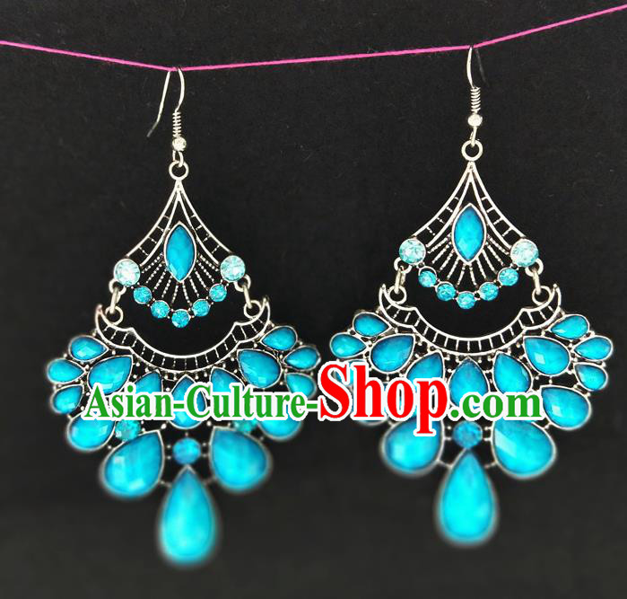 Chinese Traditional Ethnic Earrings Yunnan National Blue Crystal Ear Accessories for Women