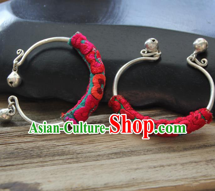 Chinese Traditional Ethnic Wrist Accessories Miao Nationality Embroidered Sliver Bracelet for Women