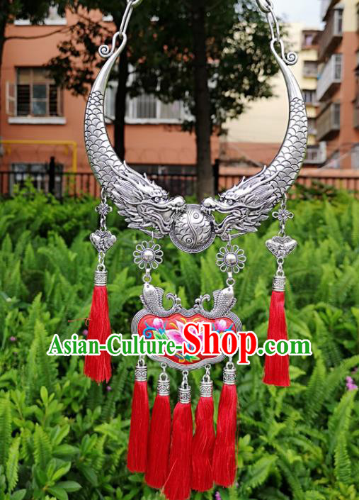 Chinese Traditional Minority Carving Dragons Embroidered Red Necklace Ethnic Folk Dance Accessories for Women