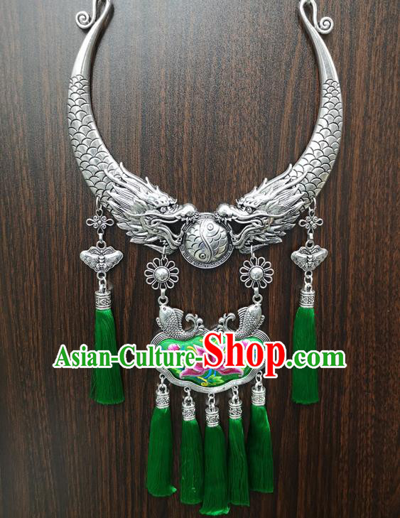 Chinese Traditional Minority Carving Dragons Embroidered Green Necklace Ethnic Folk Dance Accessories for Women