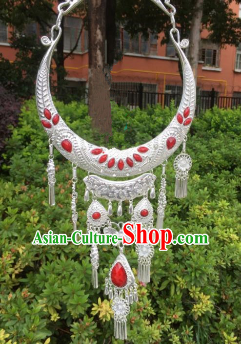 Chinese Traditional Jingpo Minority Red Necklace Ethnic Folk Dance Accessories for Women