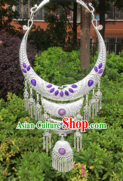 Chinese Traditional Jingpo Minority Purple Necklace Ethnic Folk Dance Accessories for Women