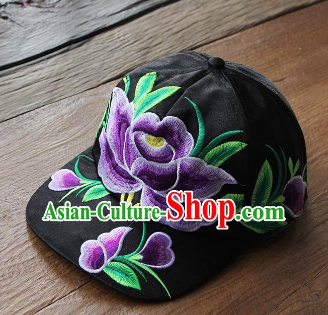 Chinese Traditional Embroidered Purple Peony Baseball Cap Yunnan Minority Black Hat for Women