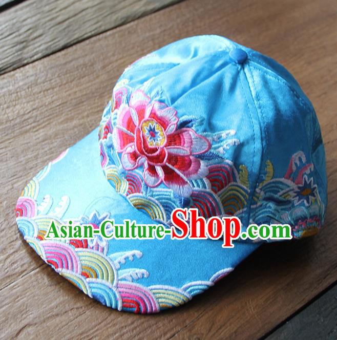 Chinese Traditional Embroidered Peony Blue Baseball Cap Yunnan Minority Hat for Women