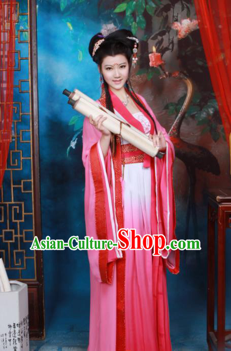 Chinese Tang Dynasty Palace Princess Rosy Hanfu Dress Ancient Peri Embroidered Historical Costumes for Women