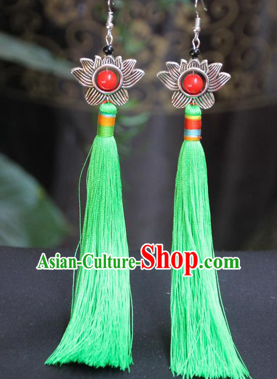 Chinese Traditional Ethnic Light Green Tassel Lotus Earrings National Ear Accessories for Women
