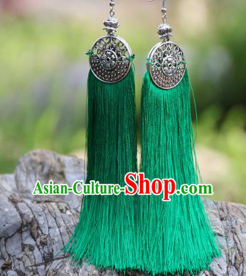 Chinese Traditional Ethnic Bride Earrings National Green Tassel Ear Accessories for Women
