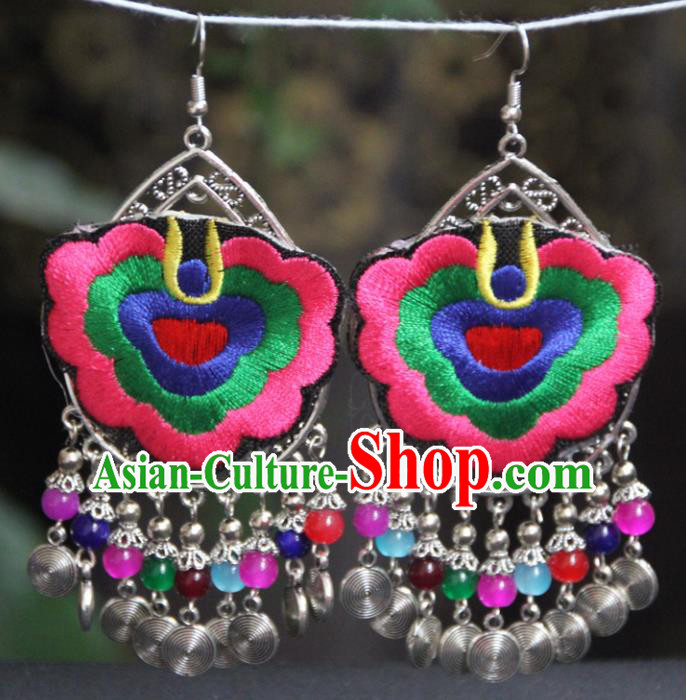 Chinese Traditional National Ethnic Earrings Embroidered Pink Ear Accessories for Women