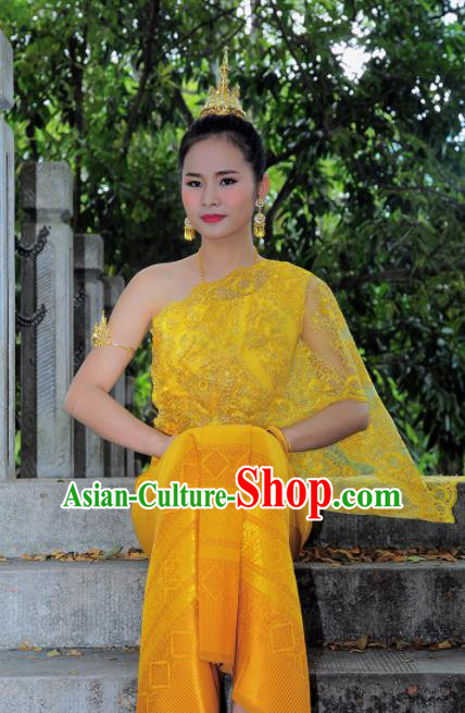 Asian Traditional Thailand Costumes National Handmade Embroidered Yellow Dress for Women