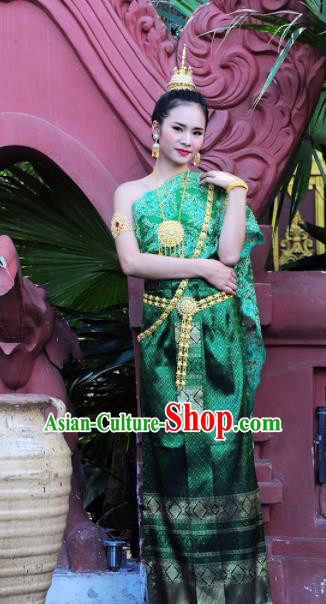 Asian Traditional Thailand Costumes National Handmade Embroidered Green Dress for Women