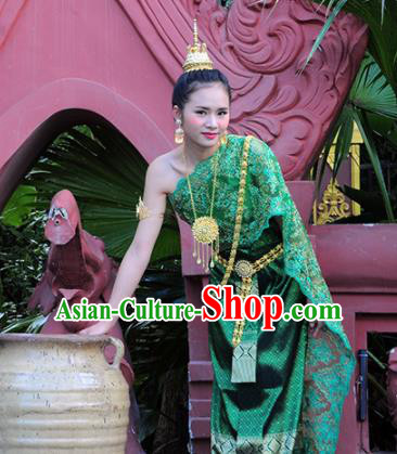 Asian Traditional Thailand Costumes National Handmade Embroidered Green Dress for Women